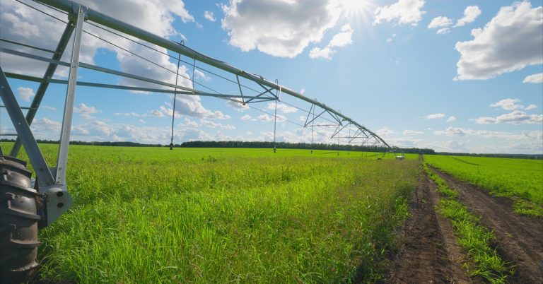 A crop irrigation system running across a vast section of farmland. There is a row of trees far behind the field.